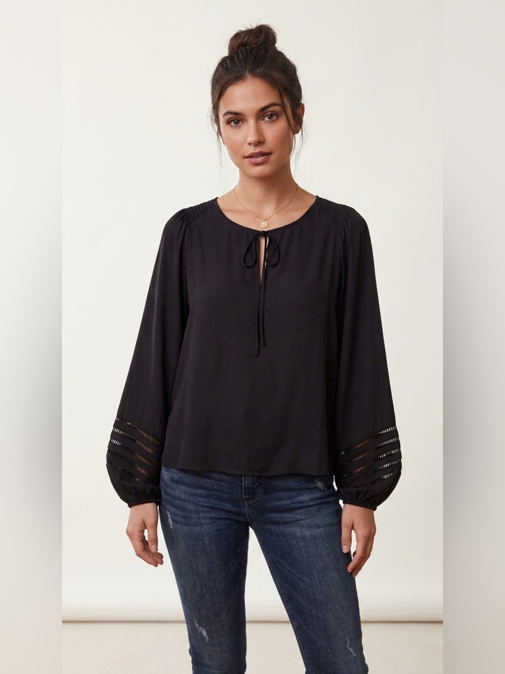 Parker Black Balloon Sleeve Blouse - Size S | Chiffon Tie Neck Top size S